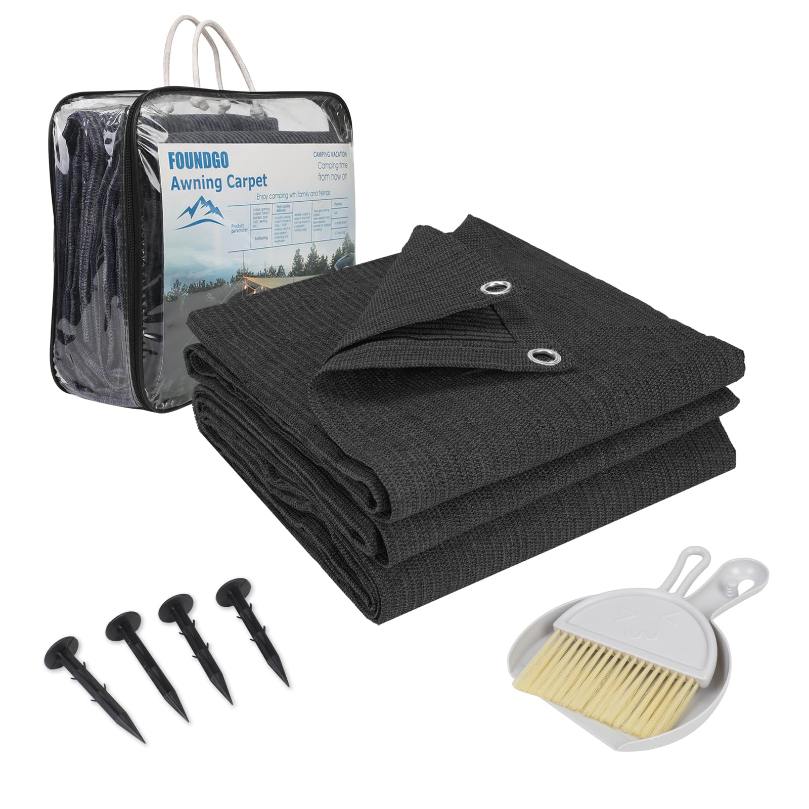 FoundGo Vorzeltteppich mit Ösen [280g/m² HDPE] Camping Teppich Outdoor Vorzeltboden inkl. Tragetasche Stahlnägel & Kleiner Besen Blau/Grau