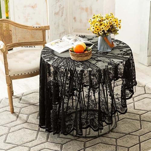 Vintage 60 inch Black Lace Tablecloth Floral Embroidered Boho Shabby