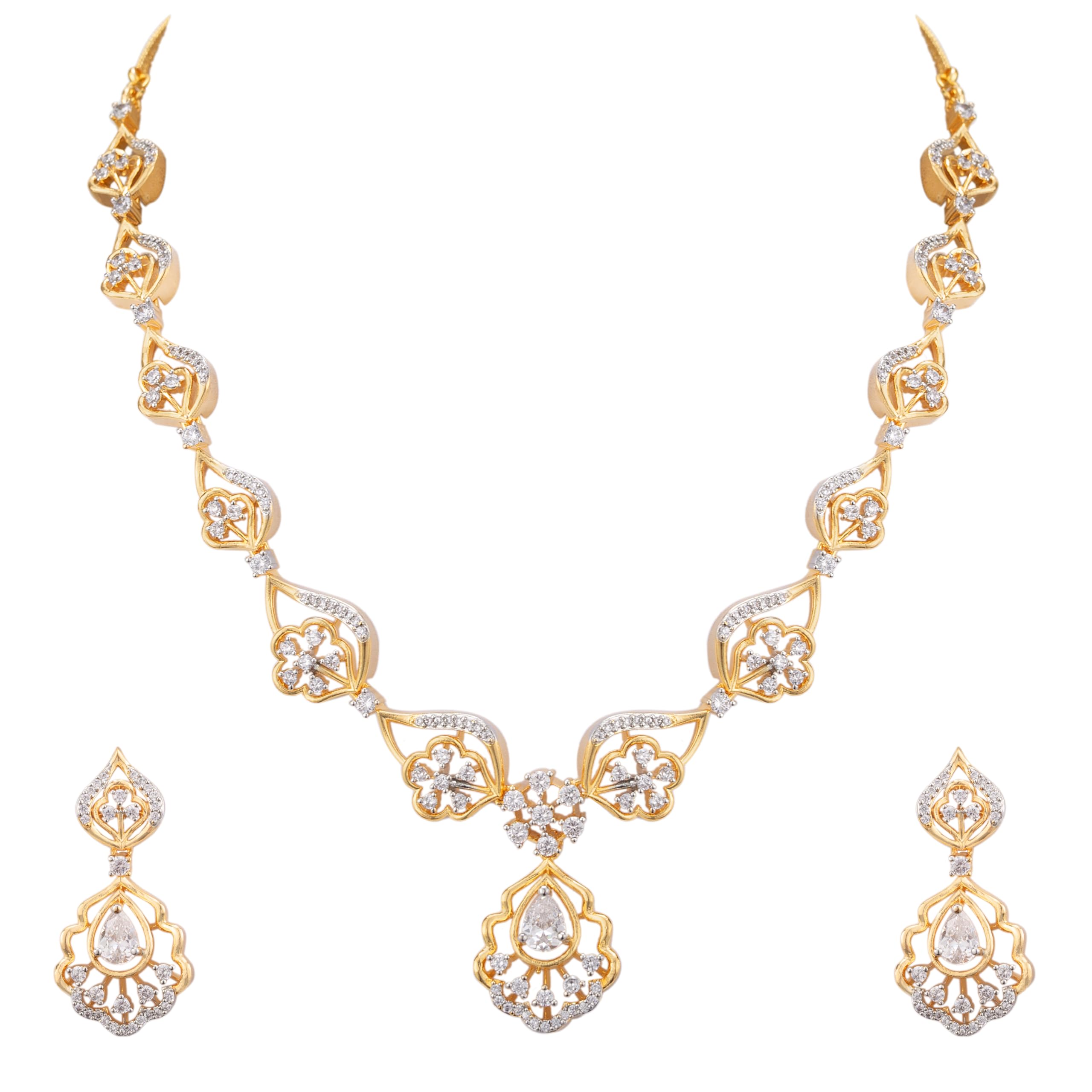 Crystal Studded Gold-Tone Necklace and Earrings Set, Teardrop Pendant Design, Victorian Style, NSG-1151-image-27