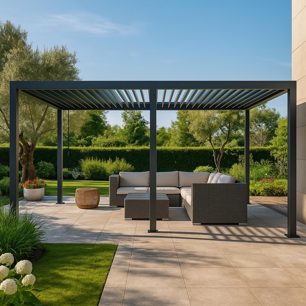 Pergola Bioclimatica Luxury con struttura in alluminio Antracite, tetto lamellare orientabile, da giardino e veranda (3 x 6 mt)