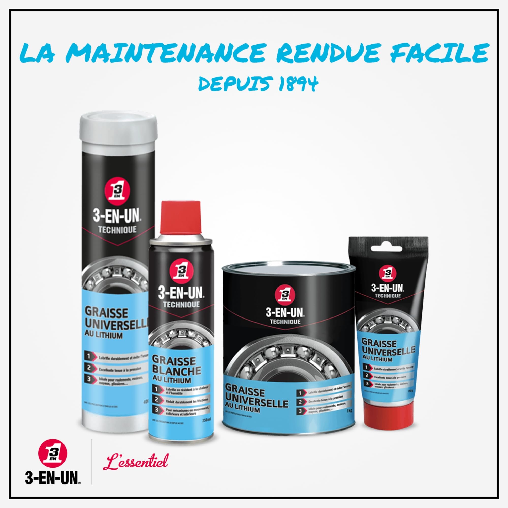 3-EN-UN Graisse Blanche au Lithium Technique 250 ml, Bleu, Paquet de 12