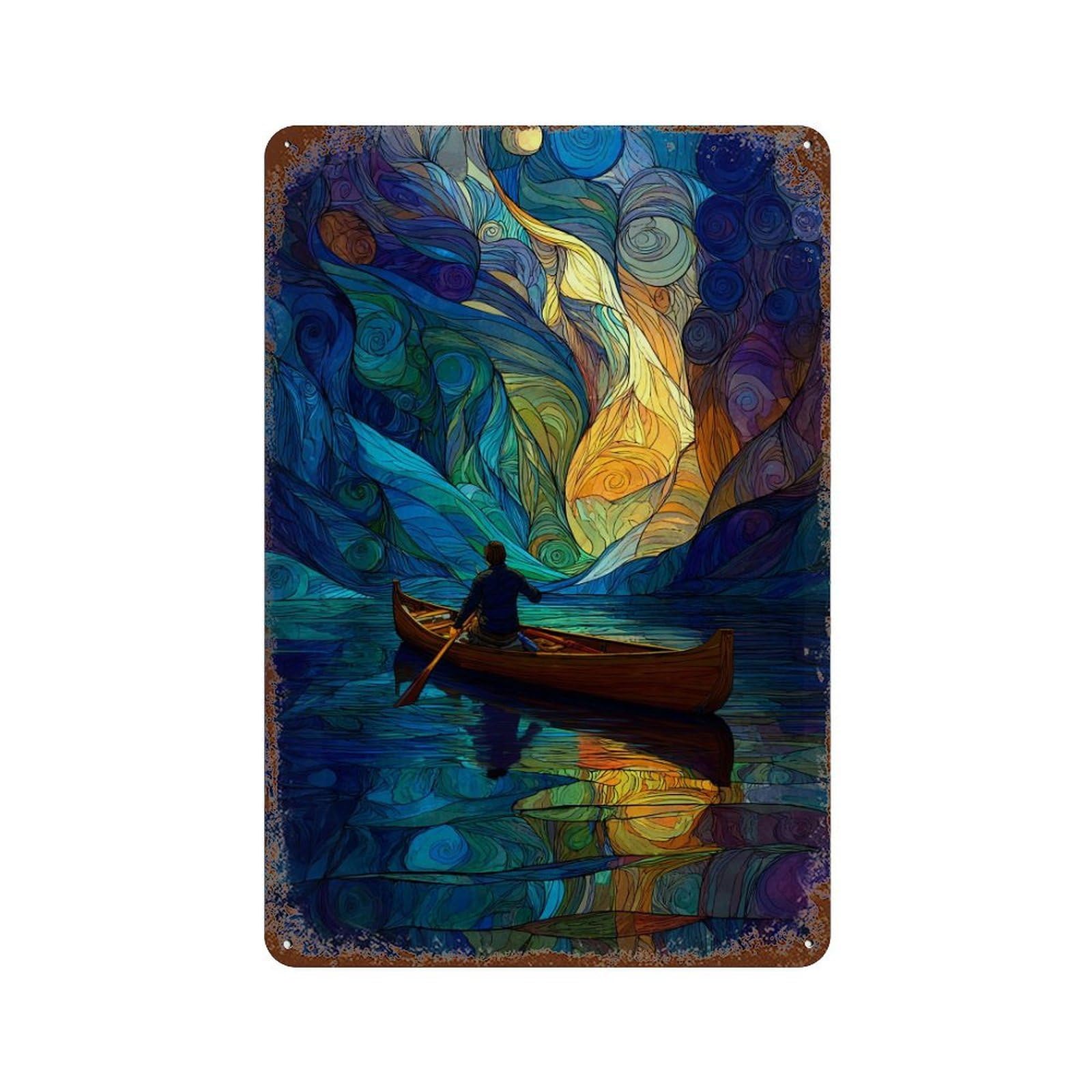 Starry Night Canoe Journey Decorative Tin Sign 11.8"x7.9", Shabby Chic Decor for Garage, Pub Or Kitchen