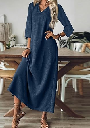 Women's Cotton Linen Solid Color Maxi Dresses V Neck Fall Long Dress Casual A Line 3/4 Sleeve Sundress