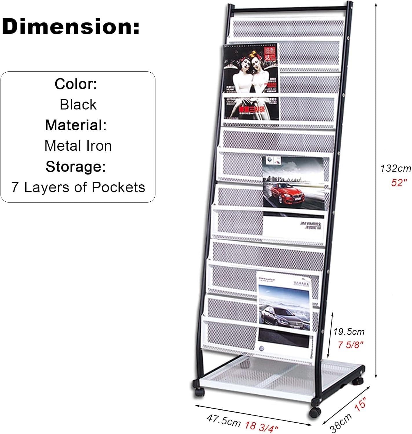 ZCX 7 Tier Magazine Rack with Wheels, L-Shape Floor Standing