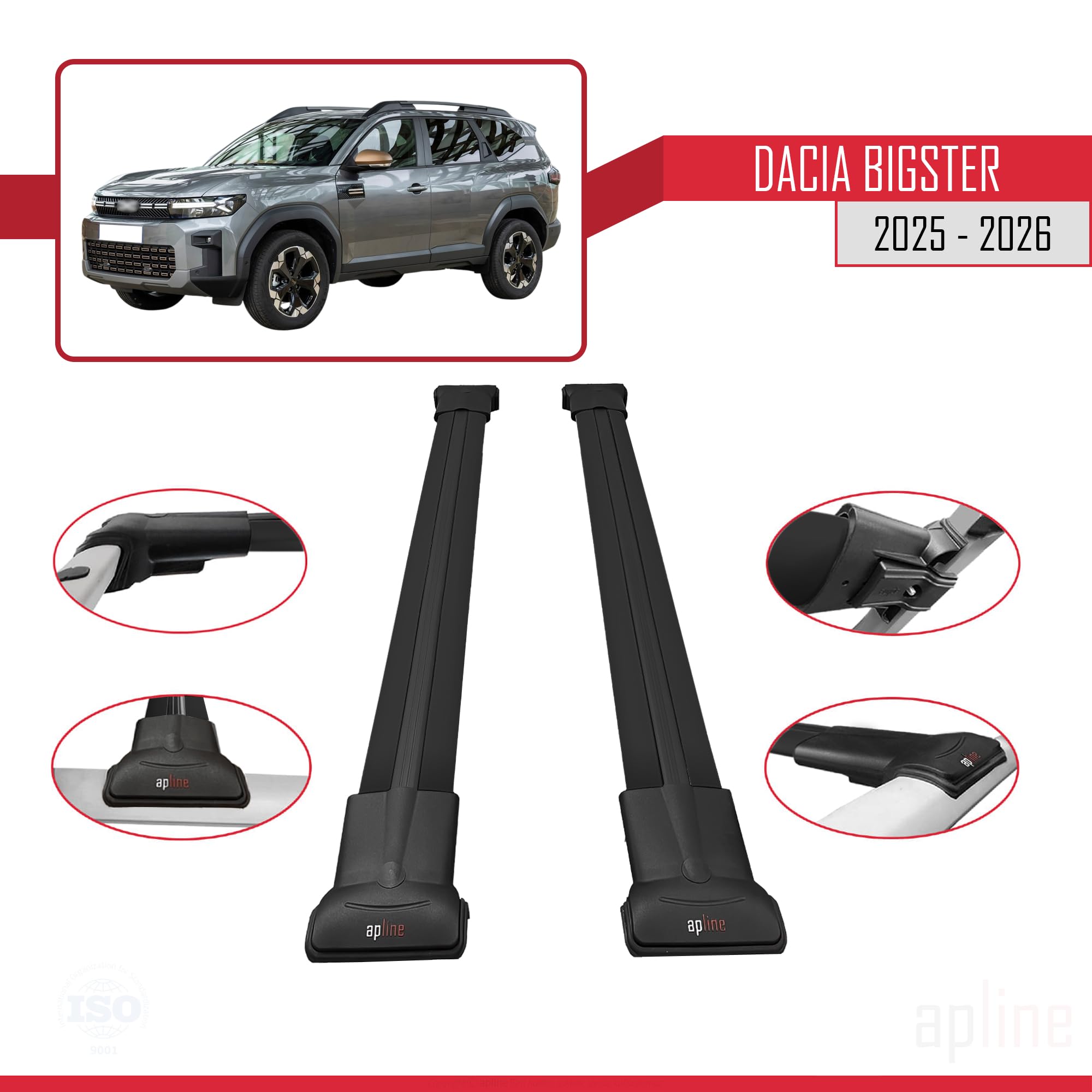 Compatible con Dacia Bigster (R1310) 2025-2026 Modelo Fly Barra de Techo Auto Portaequipajes Barras Transversales Negro Aluminio 2 Barras