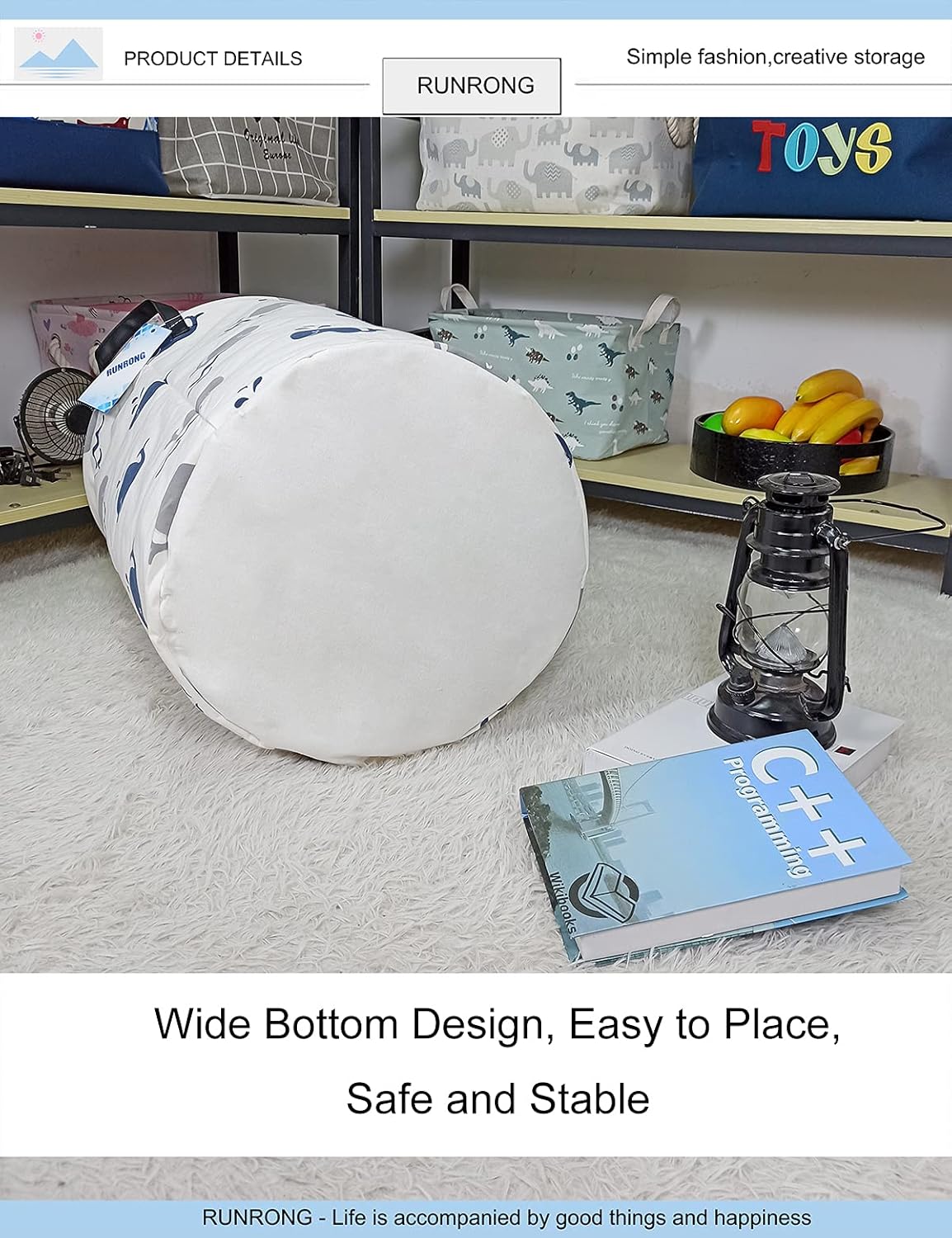 RUNRONG Large Size Round Storage Basket Foldable Waterproof Canvas Laundry Hamper with Handles Nursery Organizer for Bedroom /Living Room/Bathroom(Round Swimming Whale) : Baby