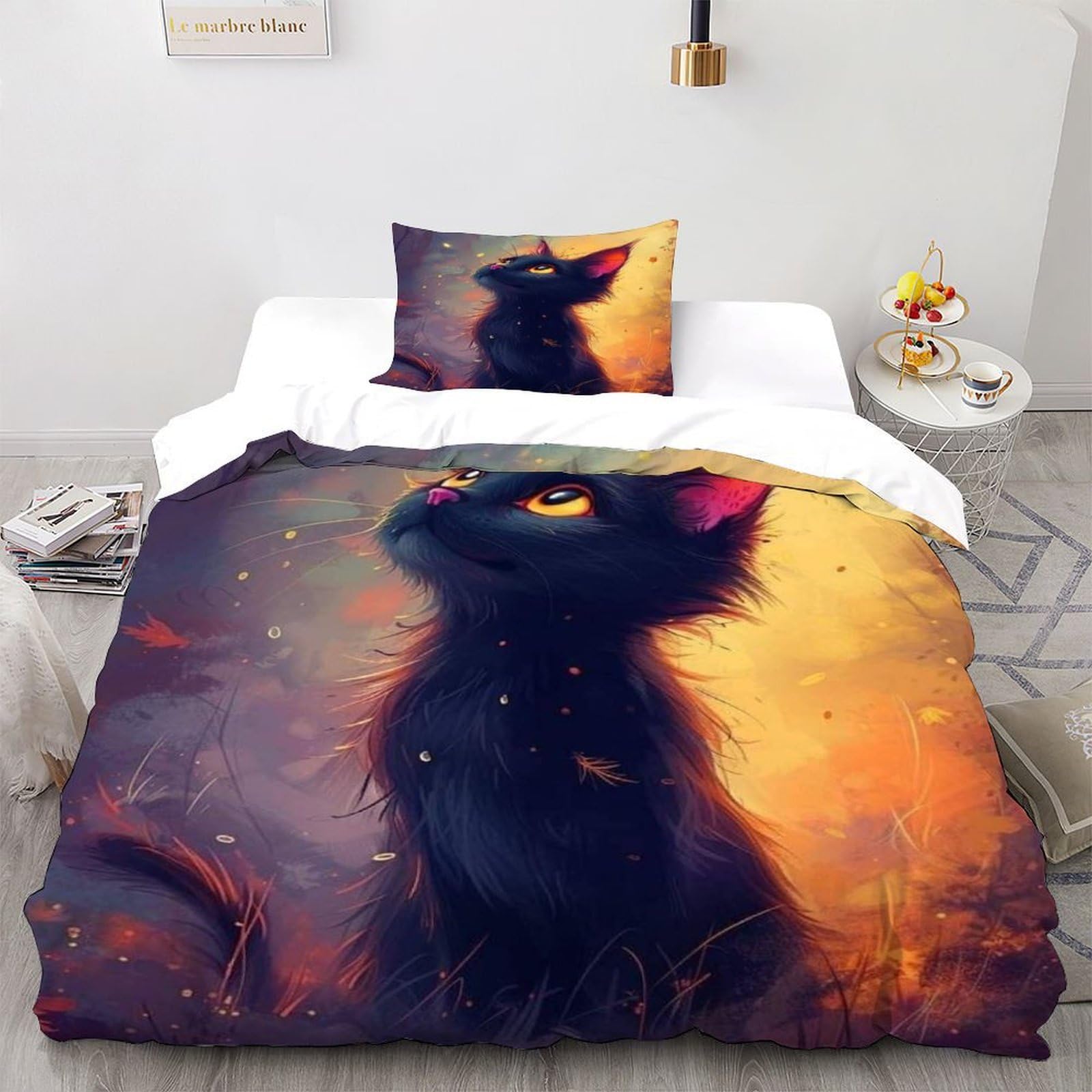 Housse de couette chat noir 135x200cm en microfibre douce avec zip robuste
