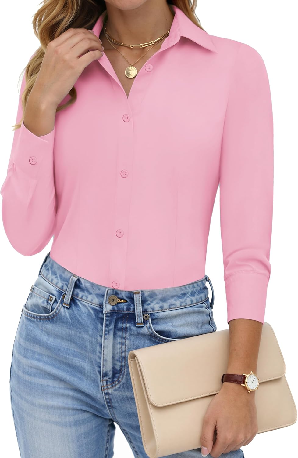 HOTOUCH Women Button Down Shirts Long Sleeve Stain Shield Dress Shirts Slim fit Work Blouses Office Business Tops - Image 2