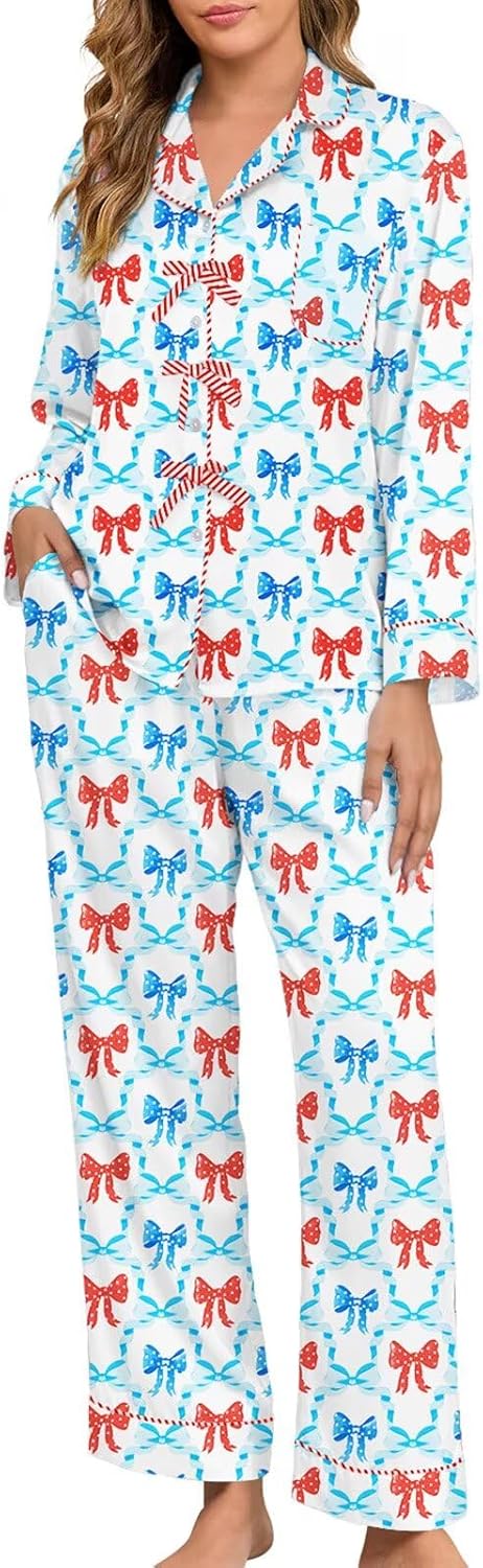 Brosloth Womens Silk Pajamas Bow Long Sleeve Satin Pajama Set Silky Button Down Fall Pjs Loungewear Sets