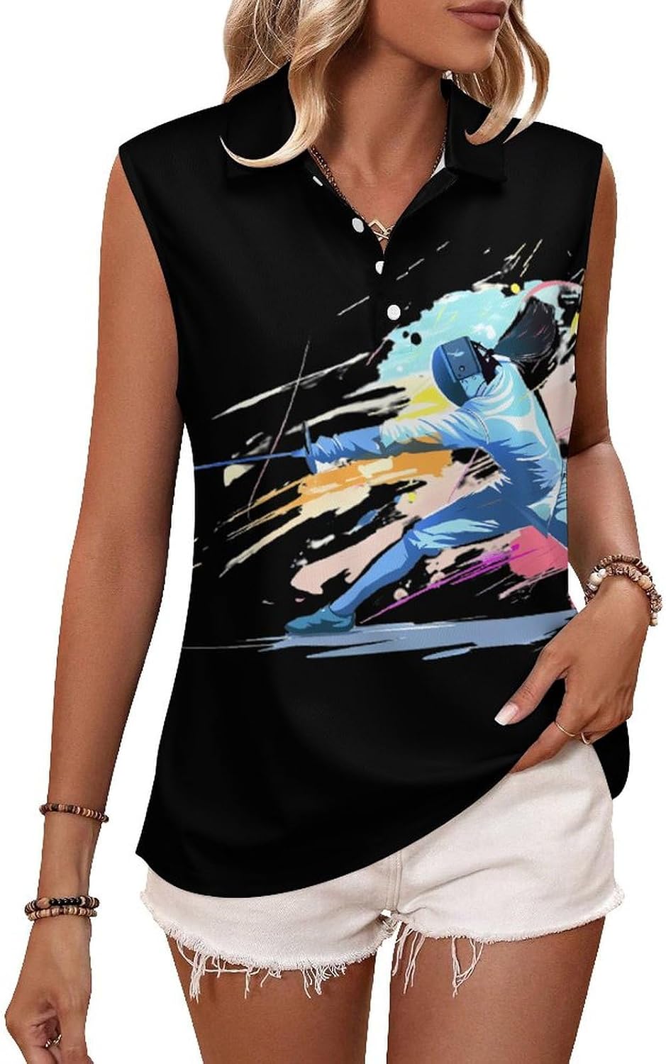 Fencing Fencer Women's Sleeveless Polo Tank Top Print T-Shirt Tops Casual Tops Summer Workout