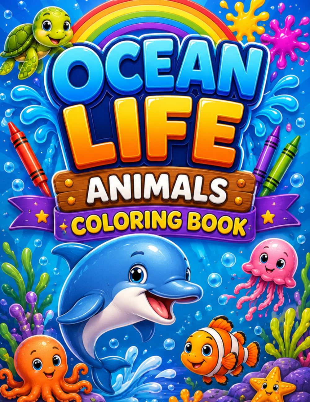 Title Ocean Animals Coloring Book for Kids: Fun and Easy Sea Creature Coloring Pages: Subtitle Cute Ocean Life Coloring Pages Featuring Dolphins, ... Jellyfish, Seahorses, Crabs, Fish, and More