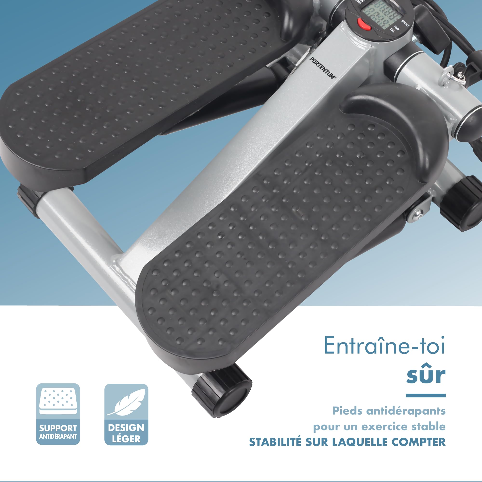 PORTENTUM Mini Stepper Fitness Appartement avec Bandes de résistance et écran LCD 5 Fonctions — escalier Sport Maison 3-en-1 pour Jambes, fessiers et Bras — Intensité réglable — Compact