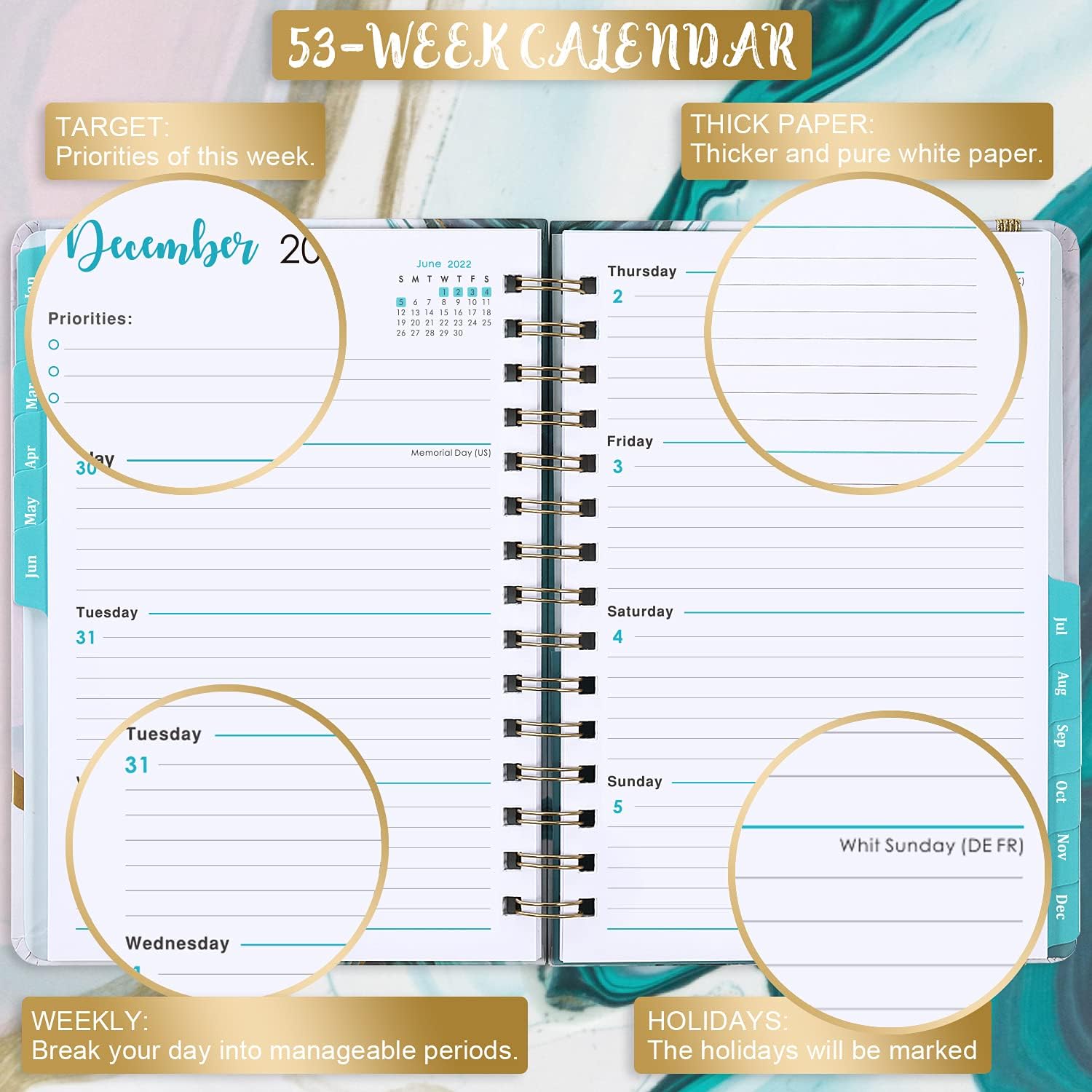 2022 Planner - 2022 Weekly & Monthly Planner with Tabs, 6.3" x 8.4", Jan. 2022 - Dec. 2022, Hardcover with Back Pocket + Thick Paper + Twin-Wire Binding - Green Gilding