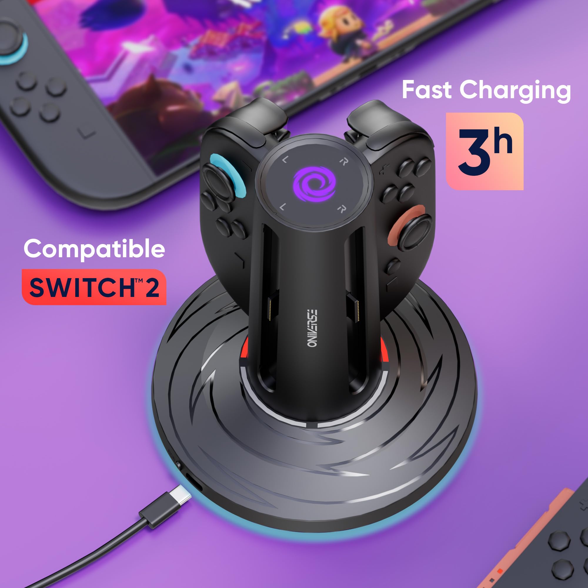 Oniverse Joy-Con Ladegerät für Switch 2 - Schnelllade-Station für 4 Joy-Cons kompatibel mit Nintendo Switch 2, USB-C Stromversorgung, Rote/Blau LED-Anzeigen, Zubehör mit 10 Beleuchtungsmodi