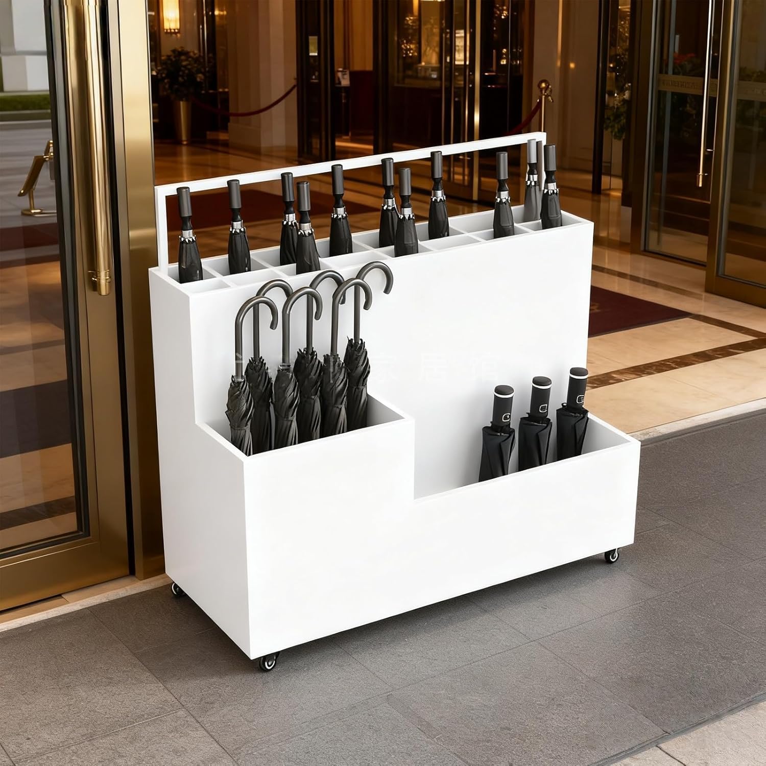 GHHVFEC Large Capacity Metal Umbrella Stand on Wheels, Multi-Compartment Freestanding Umbrella Holder for Entryway, Durable Design for Efficient Storage