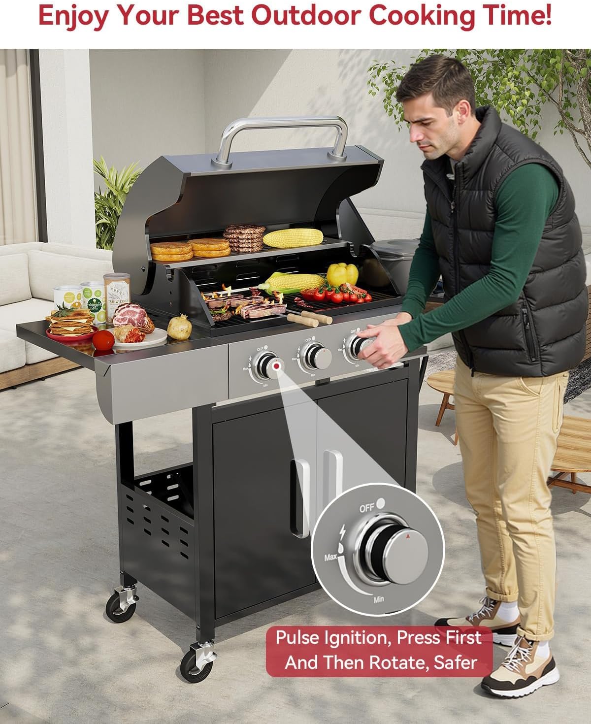 Aoxun 4-Burner Propane Grill with Side Burner, 49000 BTU Gas Grill, Stainless Steel Outdoor Grill with Cast Iron Grates & Side Tables for Backyard, Patio, Camping，Black