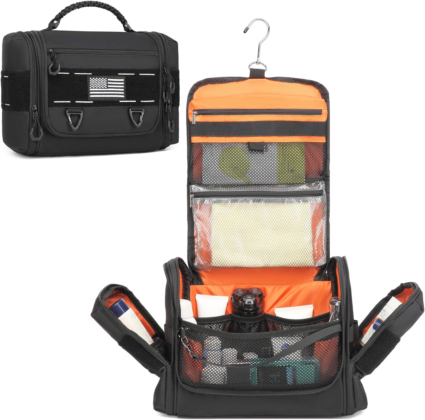 Tactical Toiletry Bag for Men, Hanging Dropp Kit Mens Toiletry Travel Bag for Toiletries, Traveling & Shaving Kit, Hygiene Bag Shower Bathroom Organizer with Handle & Swivel Hook, Black