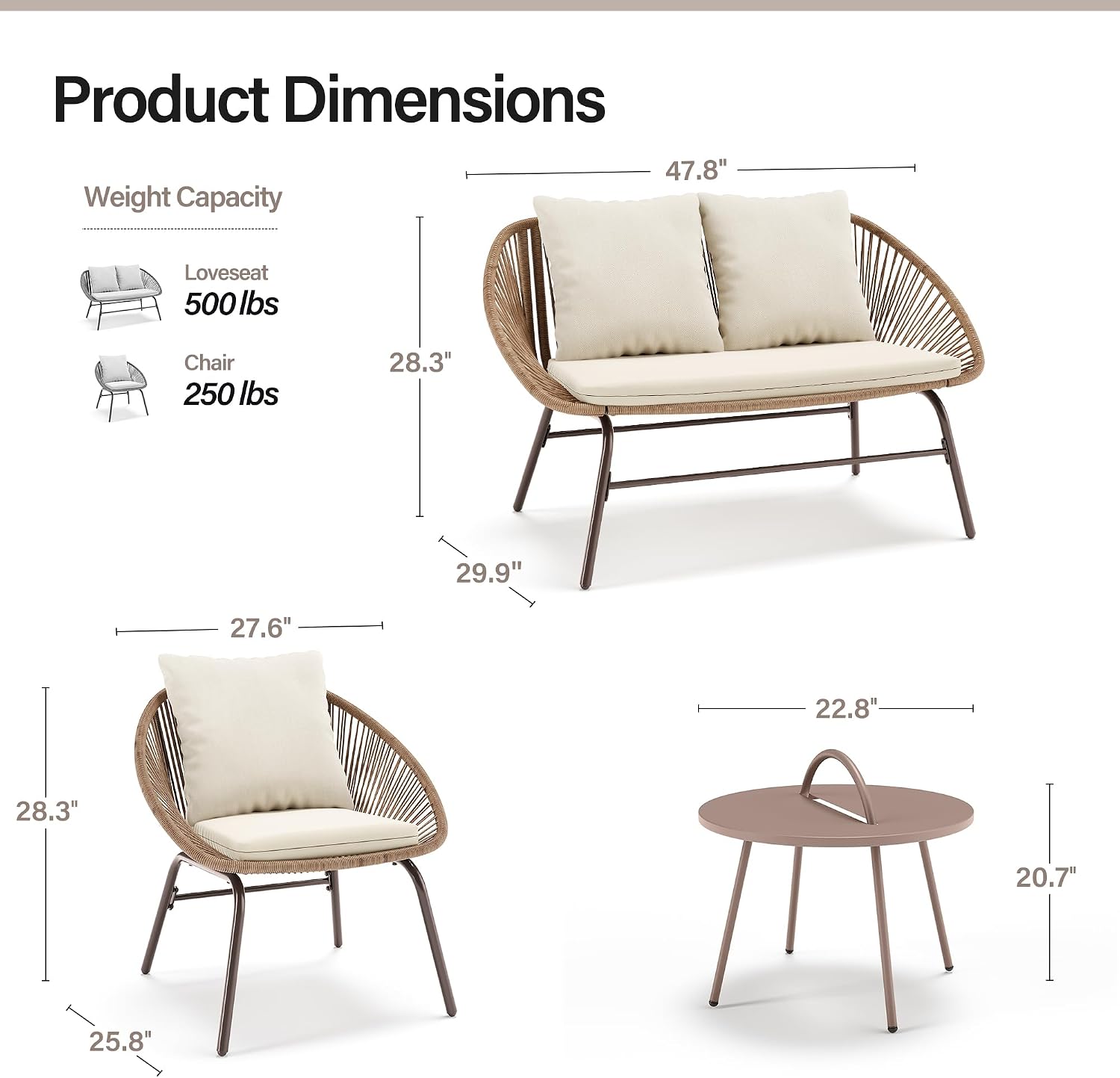 LAUSAINT HOME 4 Pieces Patio Conversation Set, Breathable Bohemian Outdoor Rope Woven Furniture Set with Loveseat and Side Table for Backyard, Porch, Balcony, Beige