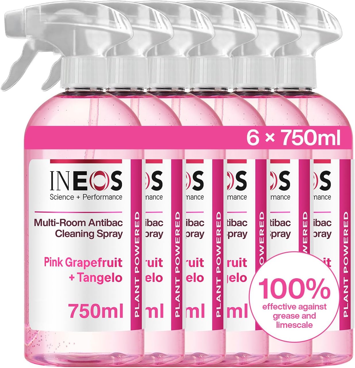 INEOS Next-Gen Cleaning Antibac Spray, 4.5L (750ml x 6), Multi-Room, Plant Powered, Limescale + Grease Remover, Kills 99.9% of Bacteria + Viruses, Pink Grapefruit + Tangelo, Packaging May Vary