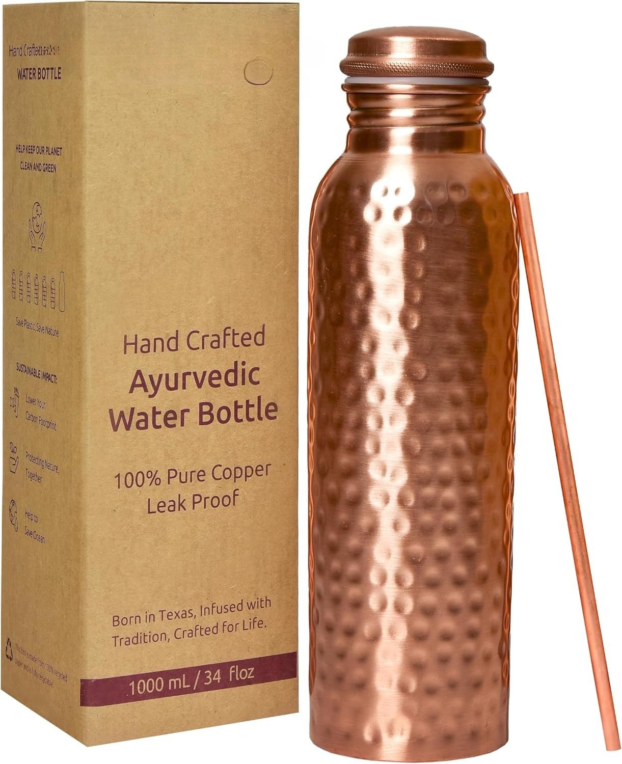 Hiphiprun 100% Pure Copper Water Bottle for Drinking – Extra Large 34 Oz Wide Mouth, Hammered Ayurvedic Copper Water Bottle with Straw – Handcrafted Leak-Proof Vessel, Reusable & BPA-Free (Hammered)