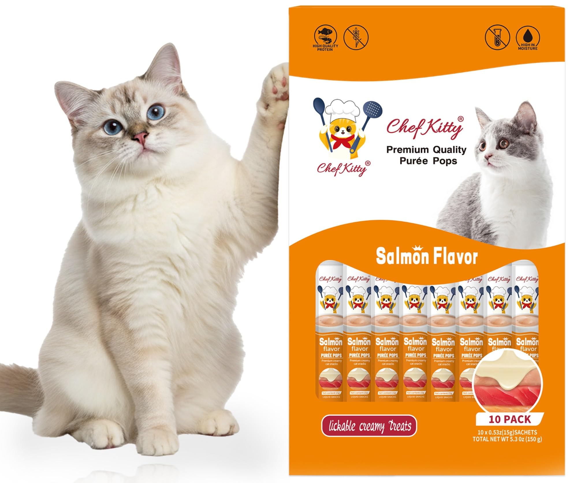 Lickable Cat Treats, Salmon Puree Squeeze Up Topper, 10 Tubes
