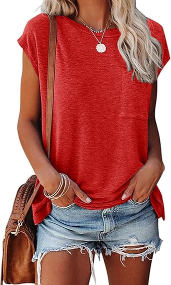 Smile Fish Womens Summer Short Cap Sleeve Shirts Solid Loose Fit Pocket Tunic Tops