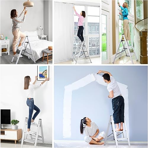 Miniatura 5 de DOFIMATE Escalera de 3 escalones, escalera plegable de 3 escalones, taburete plegable de 3 escalones con pedal antideslizante ancho, escalera de