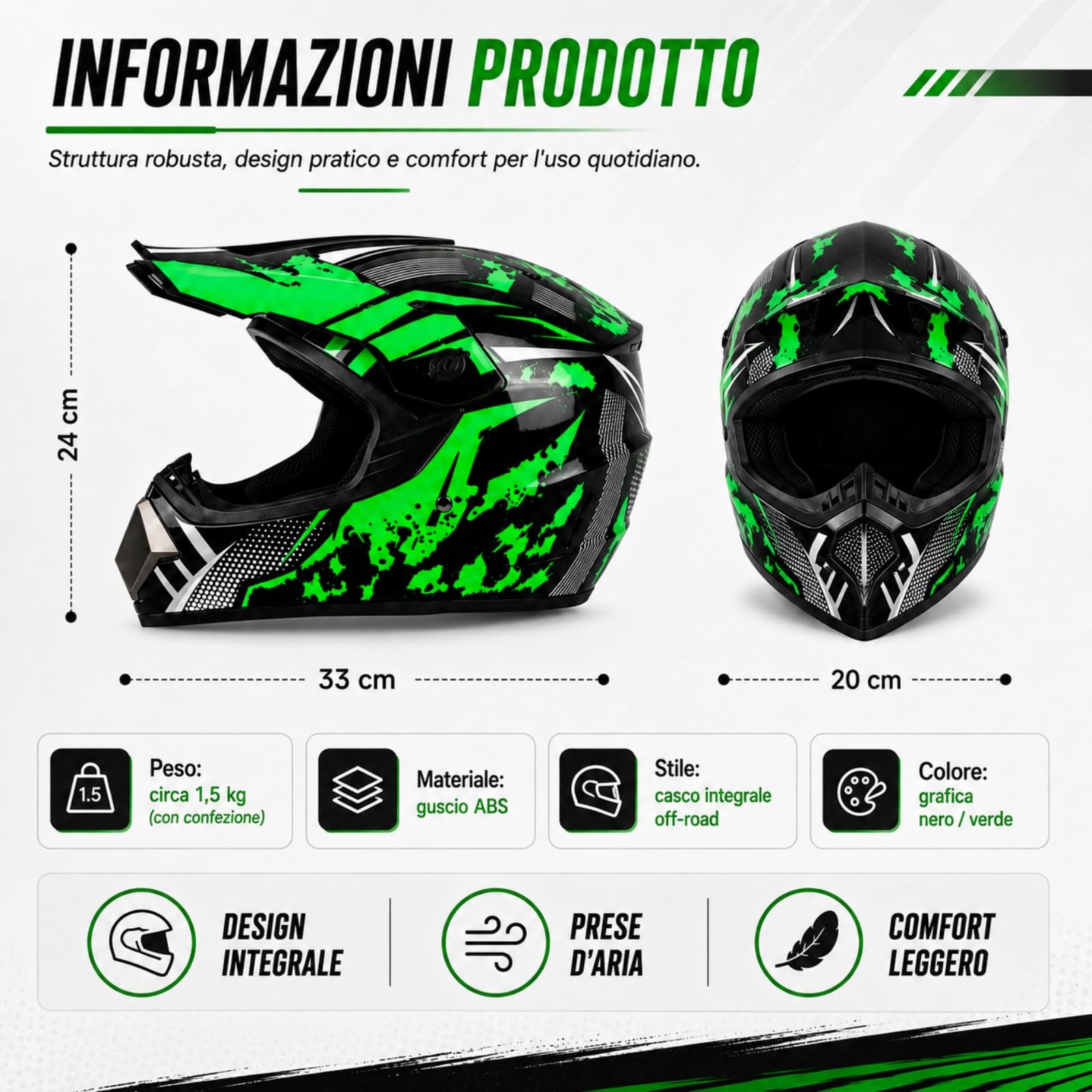 Casco Integrale MTB BMX nero e verde acceso con Occhiali e Guanti