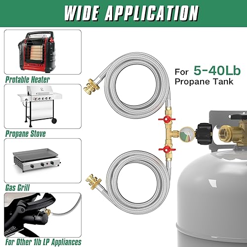 Miniatura 8 de Manguera adaptadora de propano de 2 vías mejorada de 5 pies, manguera divisora en Y trenzada de acero inoxidable, convertidor de 1 lb a 20 lb con