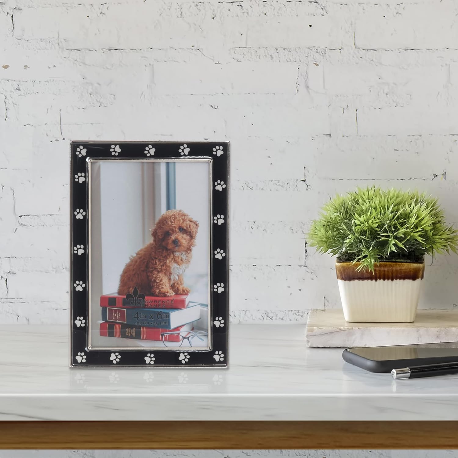 4x6 Silver Metal and Black Enamel Picture Frame, Paw Print Design - Image 3