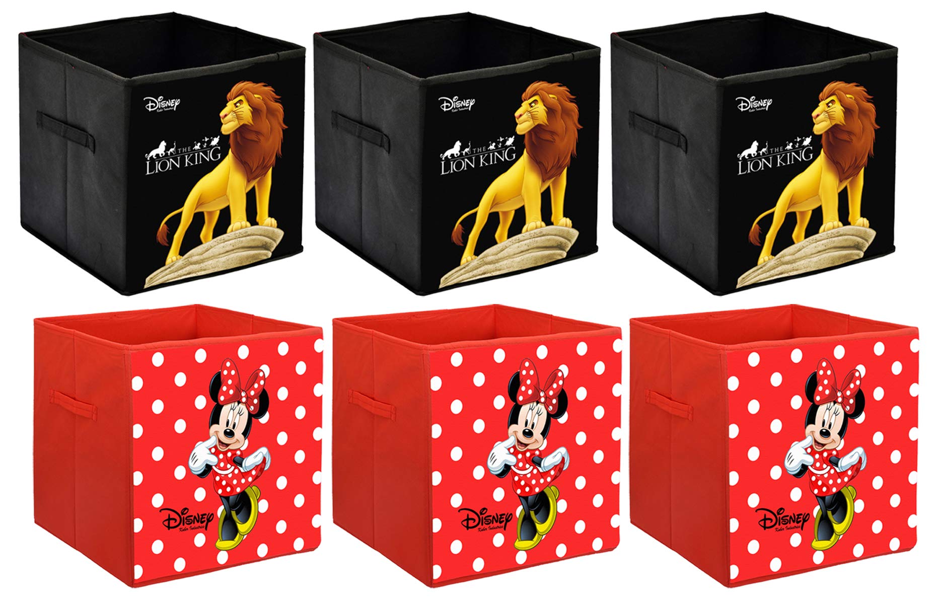 Kuber Industries Disney Minnie Lion King, włóknina, 6 sztuk, składane, duży rozmiar, pudełko do przechowywania tkanin, zabawka, książki, organizer do szafy z uchwytem (czarno-czerwony) KUBMART10832