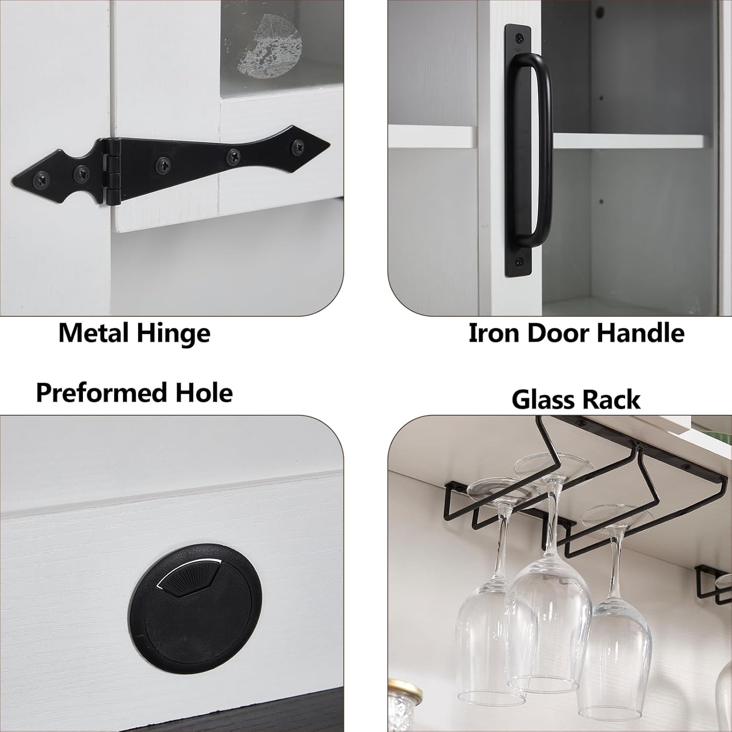 Kmax Farmhouse Coffee Bar Wine Cabinet, Hutch Buffet Cabinet with Wine & Glasses Rack, Sliding Barn Door, Drawer, Rustic White Tall Sideboard Table for Kitchen Dining Room, Black Top