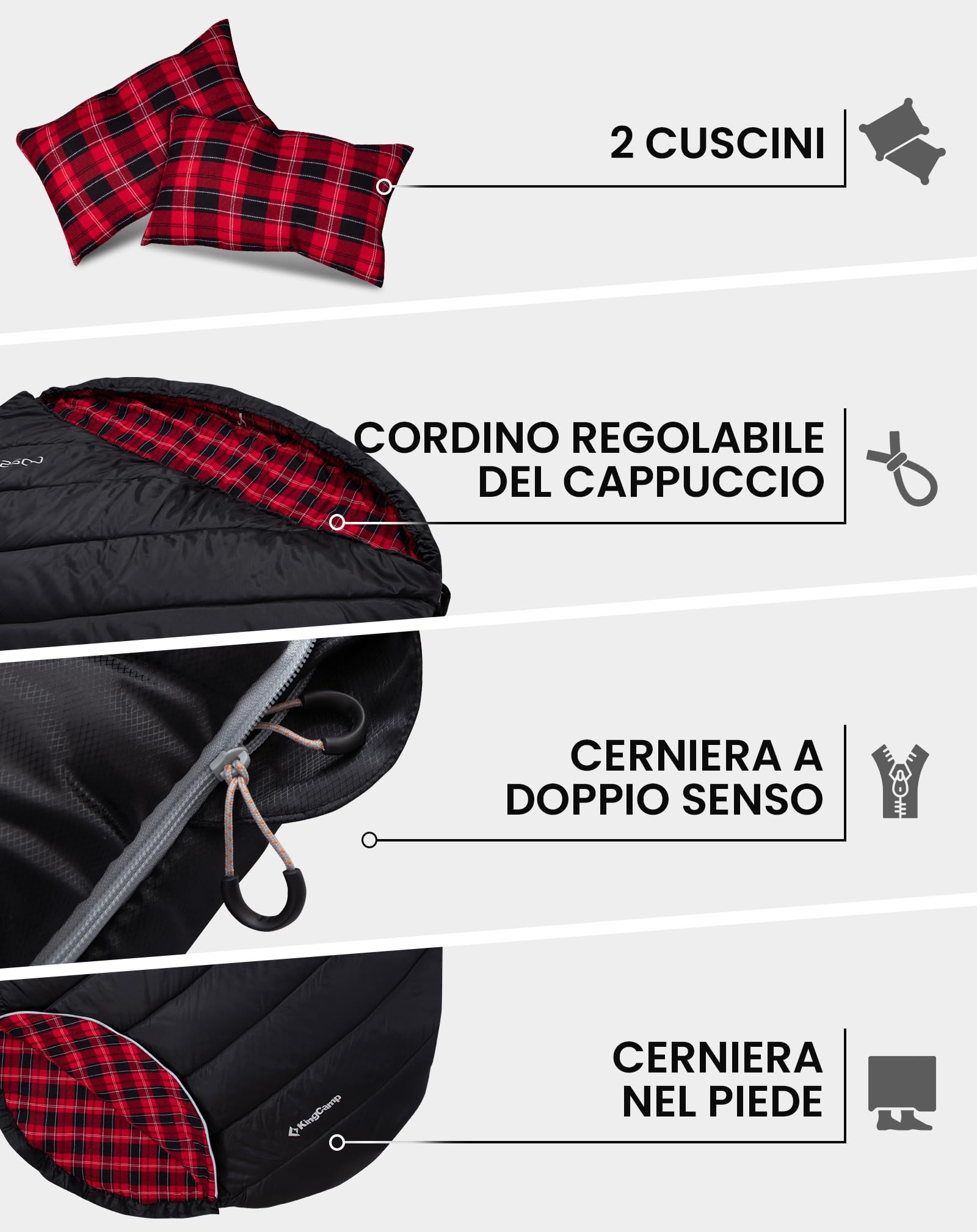 KingCamp Sacco a pelo doppio in flanella di cotone per 2 persone - Caldo invernale, 3-4 stagioni, con 2 cuscini - Ideale per camping, viaggi e attività outdoor