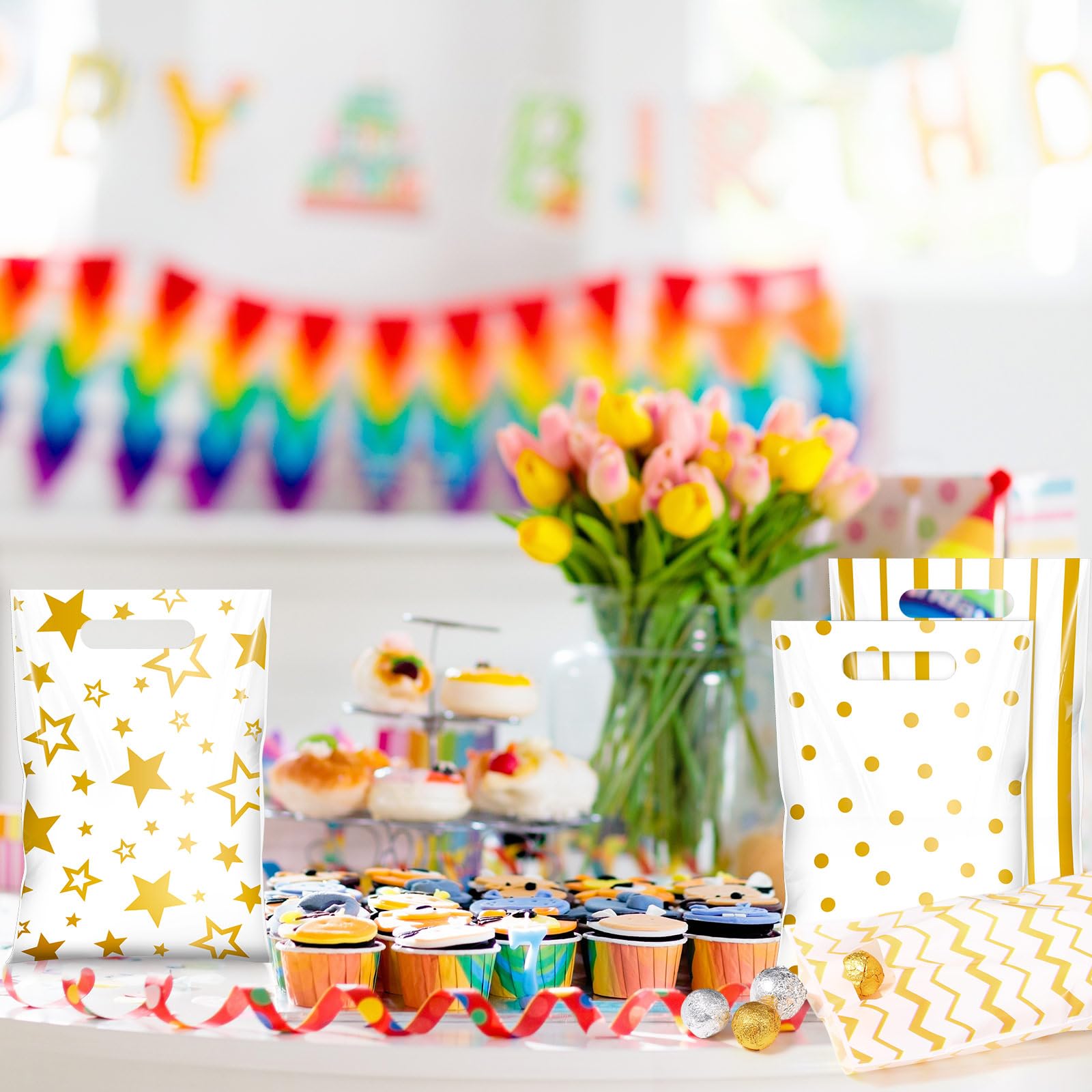 Blosssound 100 Stück kleine Geschenktüten mit Griff, Großpackung 17,9 x 24,8 cm, Kunststoff-Leckerli-Tüten für Geburtstag, Hochzeit, Abschlussfeier, Ruhestand, Karneval, Party, Gastgeschenke