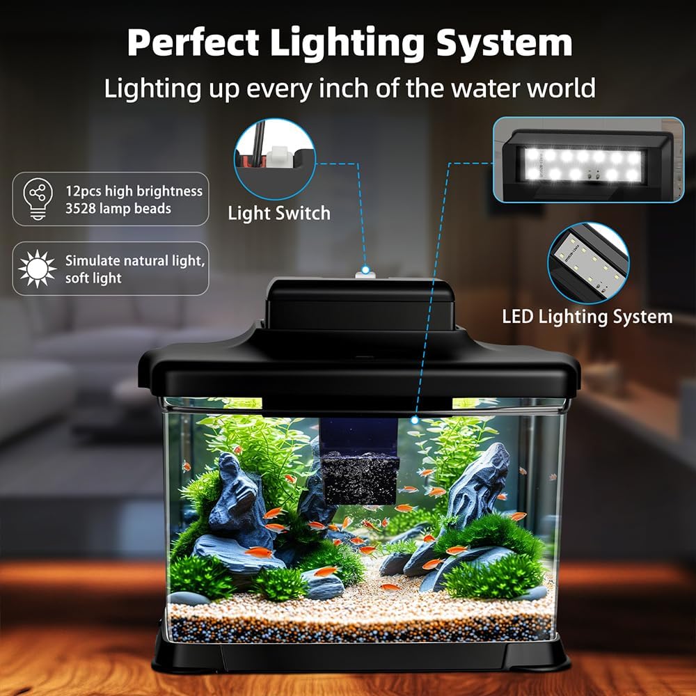 Small Fish Tank Ultra-Clear 1.6 Gallon Aquarium Starter Kits with LED Lighting and Filter System Beginner-Friendly Mini Betta Aquarium for Small Fish Shrimp Desktop Room Decoration