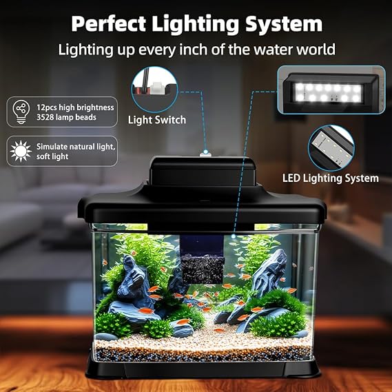 DaToo Small Fish Tank Ultra-Clear 1.6 Gallon Aquarium Starter Kits with LED Lighting and Filter System Beginner-Friendly Mini Betta Aquarium for Small Fish Shrimp Desktop Room Decoration
