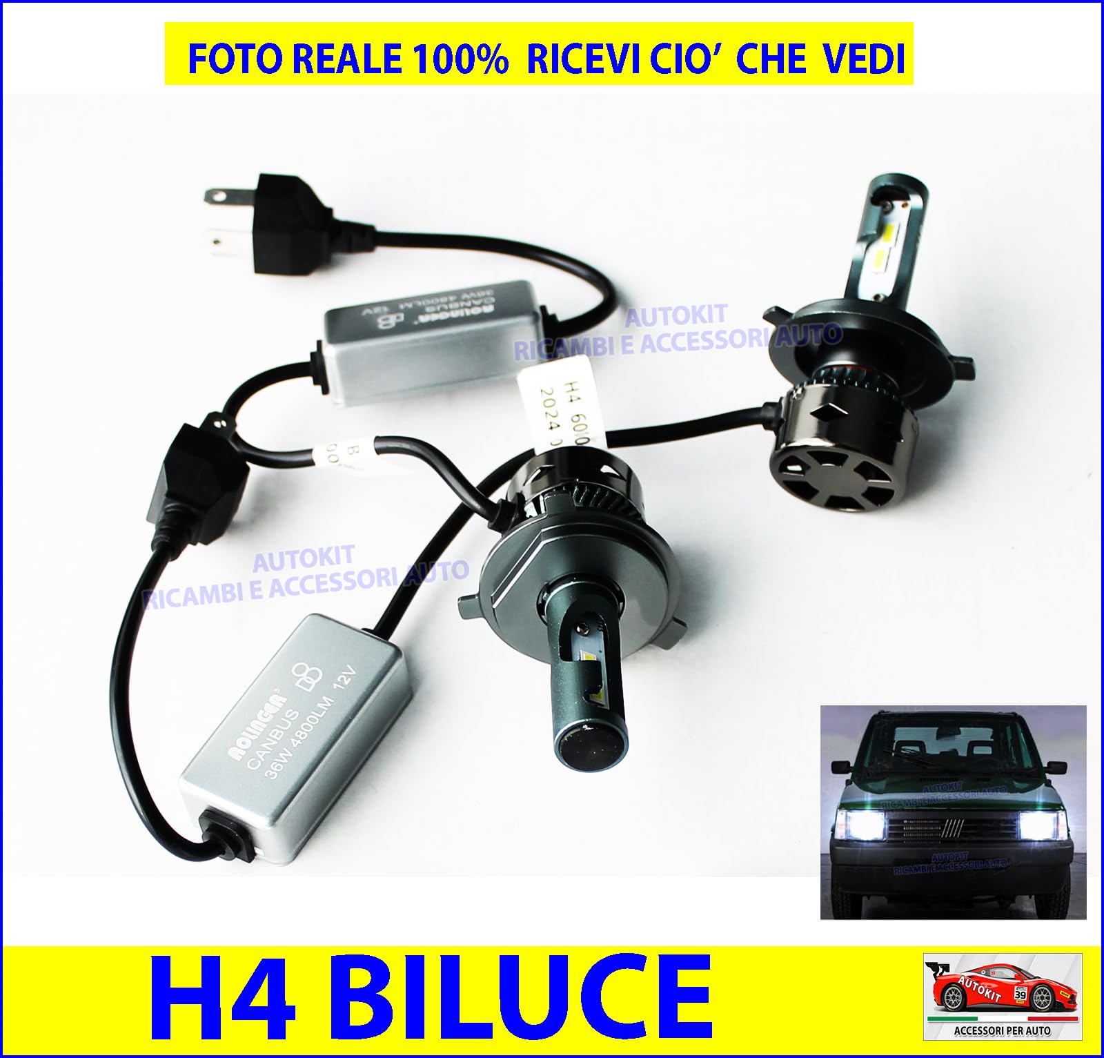 Generico KIT LAMPADE A LED H4 BILUCE per Fari anteriori Specifiche per Panda modello 141 prodotte dal 1986 al 2003 per Fanali Proiettori anteriori - GE069 + HID-5-58477