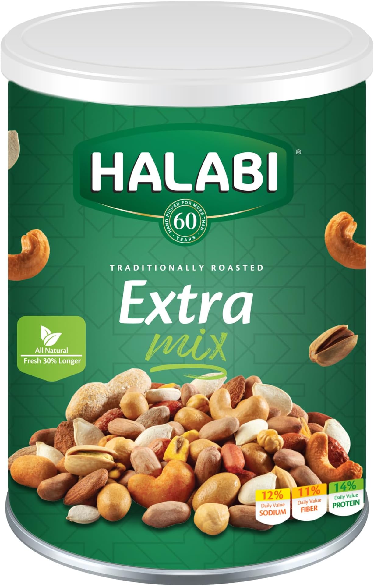 Halabi - Extra Mix - Mixed Nuts - Peanuts, Cashews, Pistachios, Almonds, Chickpeas, Pumpkin Seeds, Hazelnuts - Healthy Baked Snacks in a Can - 400g
