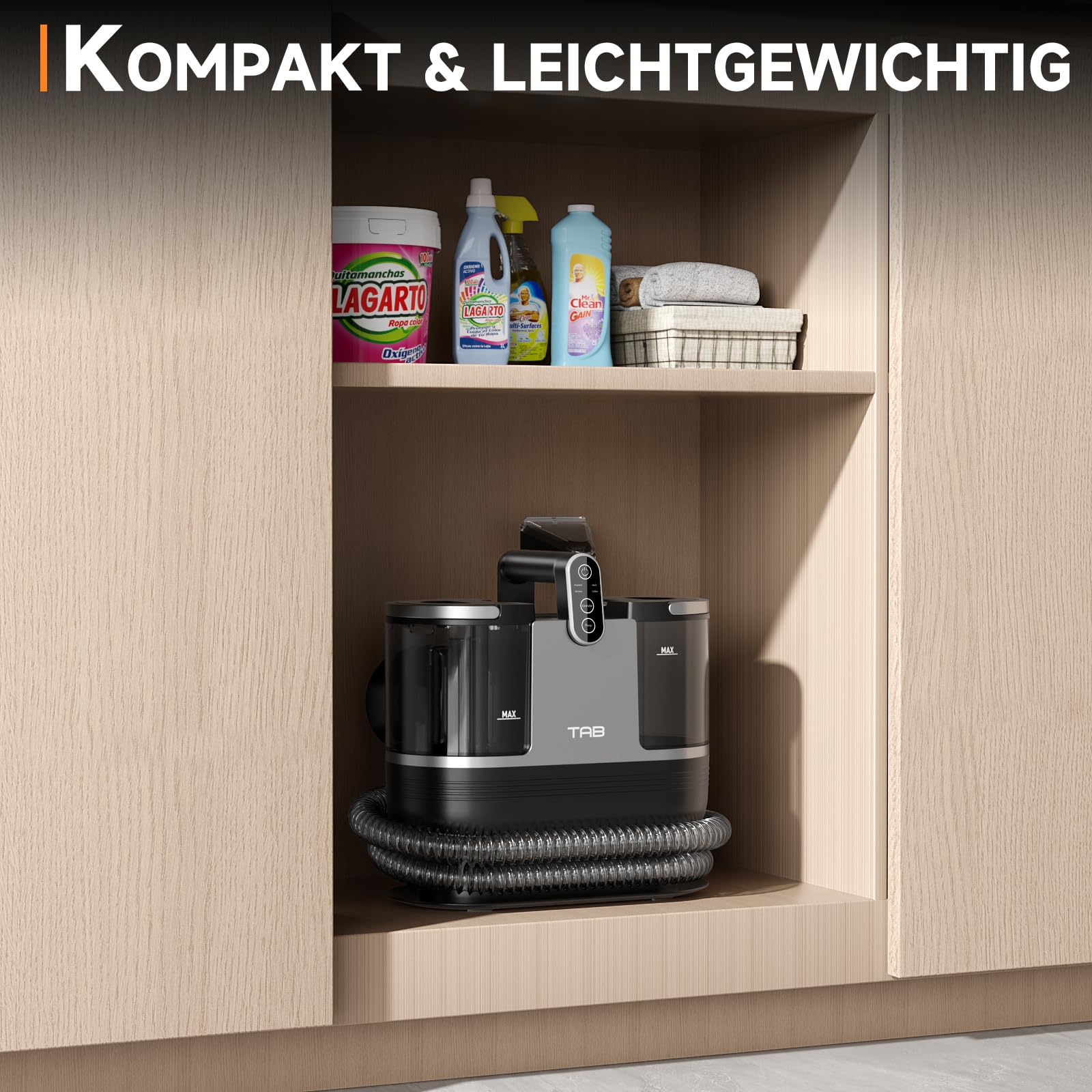 TAB Fleckenreiniger FastHeating Polsterreiniger für Teppiche, Vorleger, Polster, Treppen, Autos| Waschsauger Teppichreiniger|Waschen mit 60℃ heißem Wasser|Zwei-Tank-Technologie|14KPa Starke Saugkraft