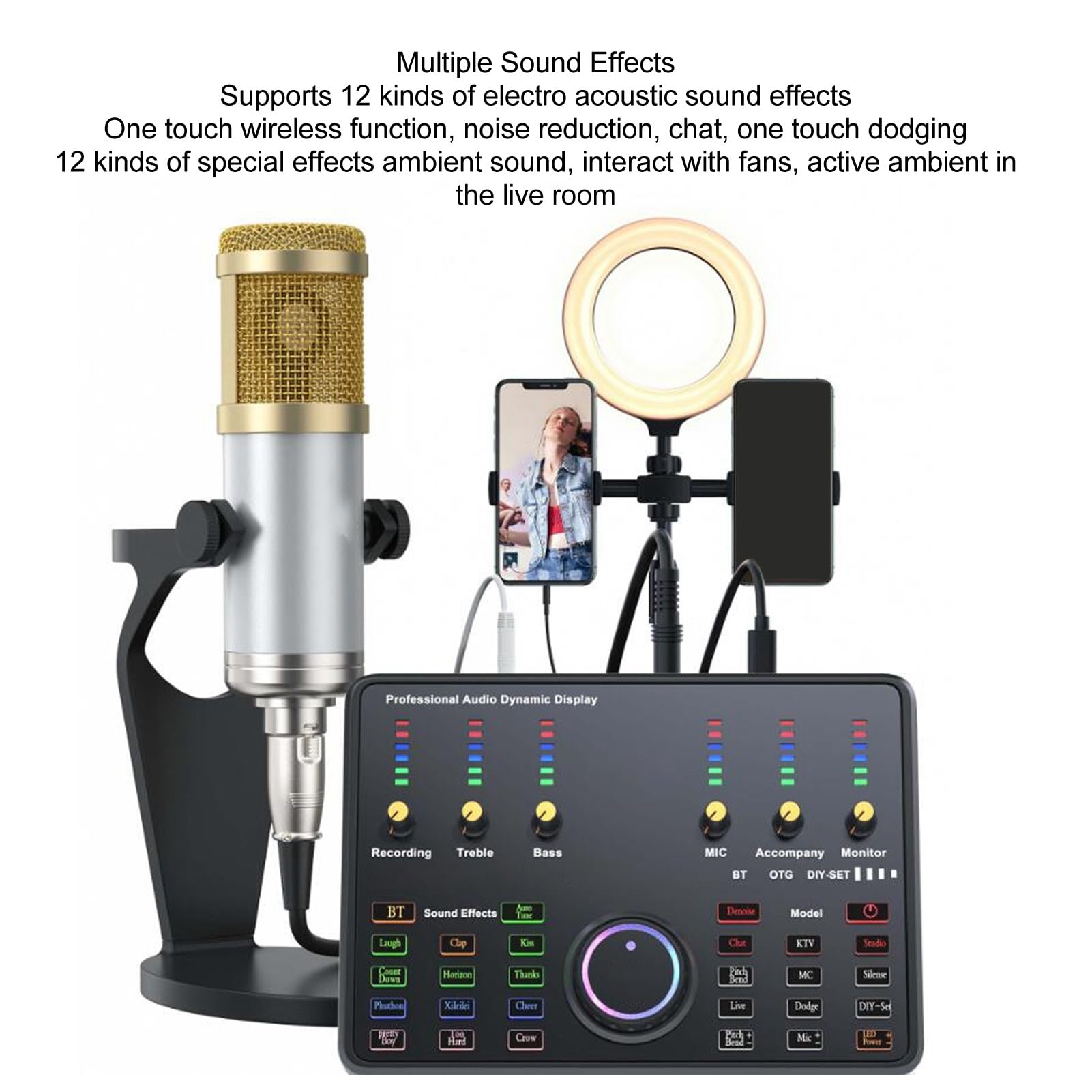 Tarjeta de Sonido en Vivo, Tarjeta de Sonido Externa USB, Tablero Mezclador de Audio, Cambiador de Voz con Múltiples Efectos de Sonido, para Grabación de Video, Transmisión en Vivo