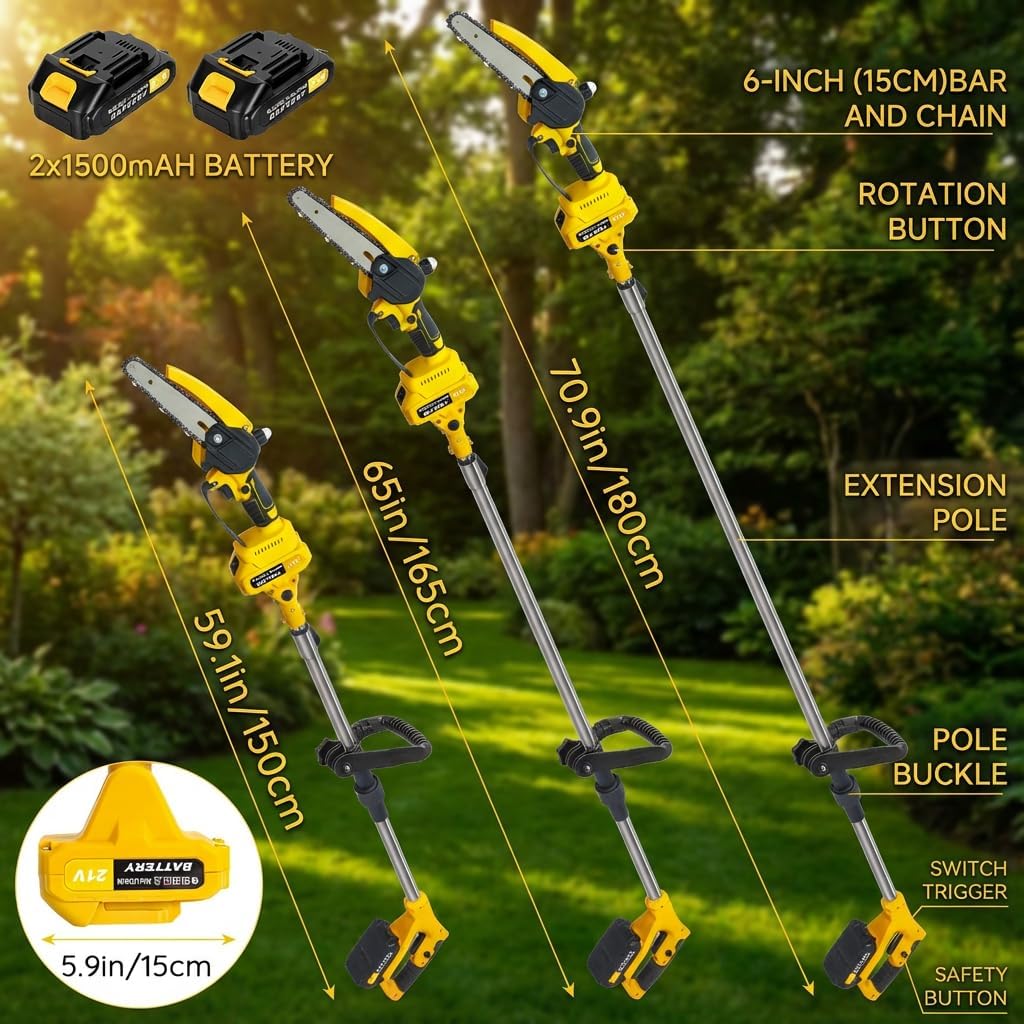 2-in-1 Cordless Pole Saw, Mini Chainsaw with 0.9-5.9ft Retractable Extension Pole for Tree Pruning, Brushless Electric Chain Saw with 2 x 1.5Ah Batteries, Handheld Chainsaw, Gift for Men Yellow