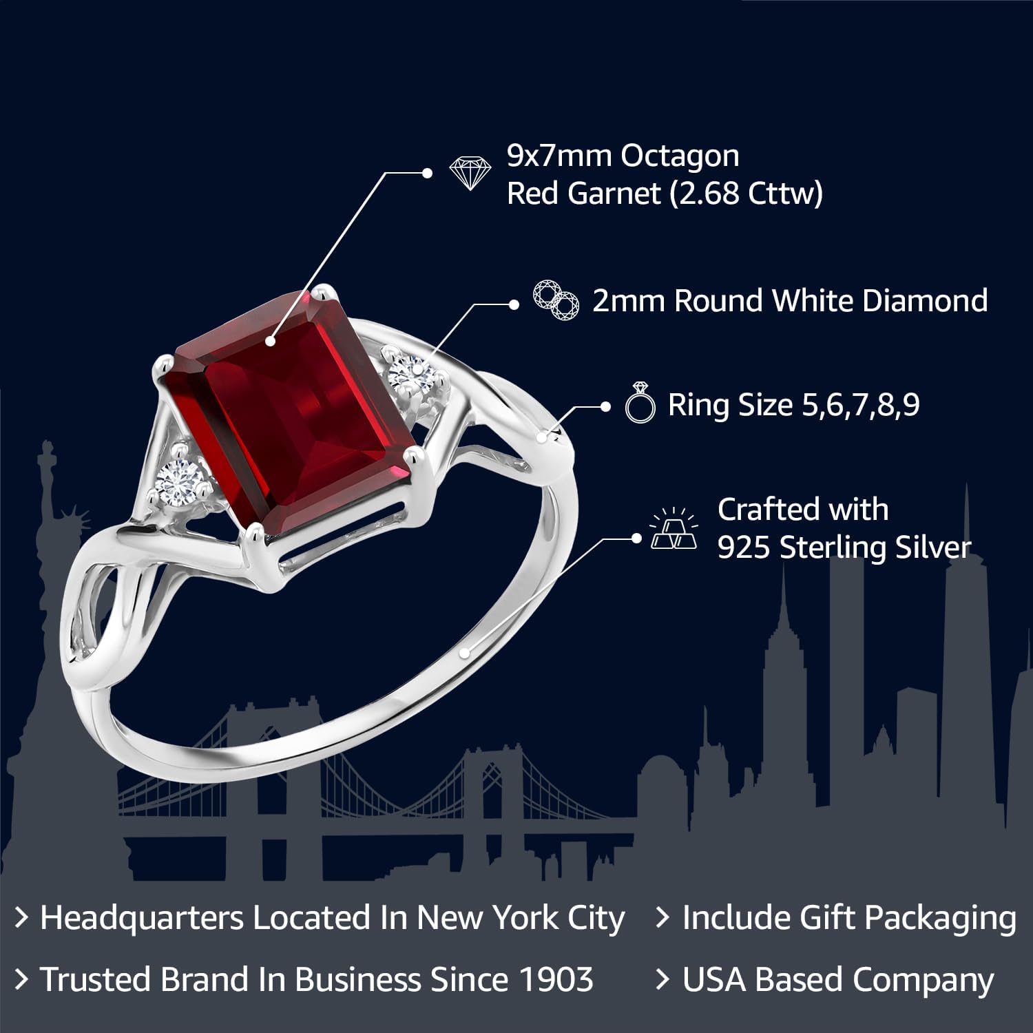 Gem Stone King 3-Stone Ring for Women | 925 Silver | Gemstone Birthstone and White Diamond | Emerald Cut 9X7MM | Wedding Anniversary Engagement Ring | Size 5-9