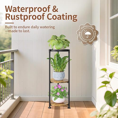 Miniatura 6 de LASZOLA Soporte de 3 niveles negro para plantas para macetas grandes y altas y resistentes, estante vertical de metal de varios niveles para esquina