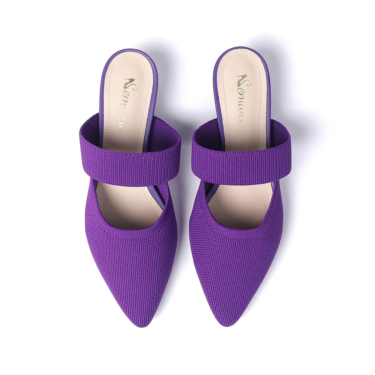 Semwiss Pointed Toe Mules for Women Chunky Low Heeled Sandals Breathable Backless Mesh Knit Slip on Loafers