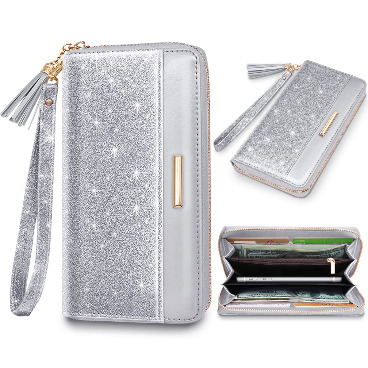 Coco Rossi Sliver Glitter Wallet for Women RFID Blocking Credit Card Holder