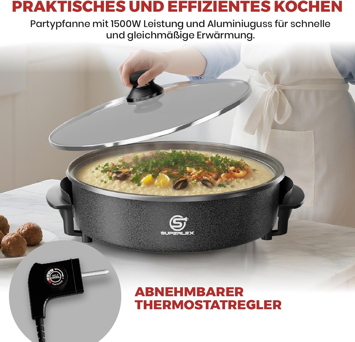 Collage of dishes cooked in the electric pan: fried seafood risotto, pasta, and creamy mushroom soup