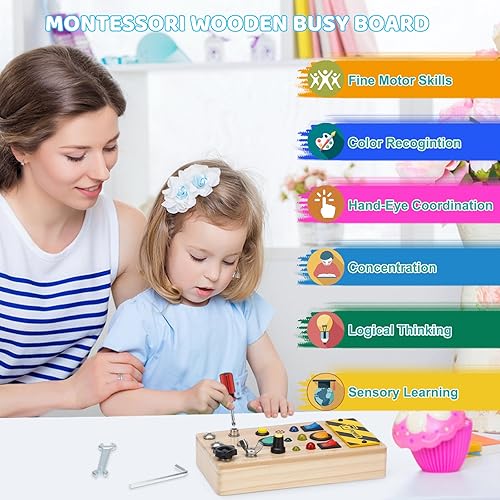 Miniatura 4 de Vasdoo Juguetes de mesa de madera con interruptor de luz LED y herramientas, juguetes Montessori para habilidades motoras, actividades de