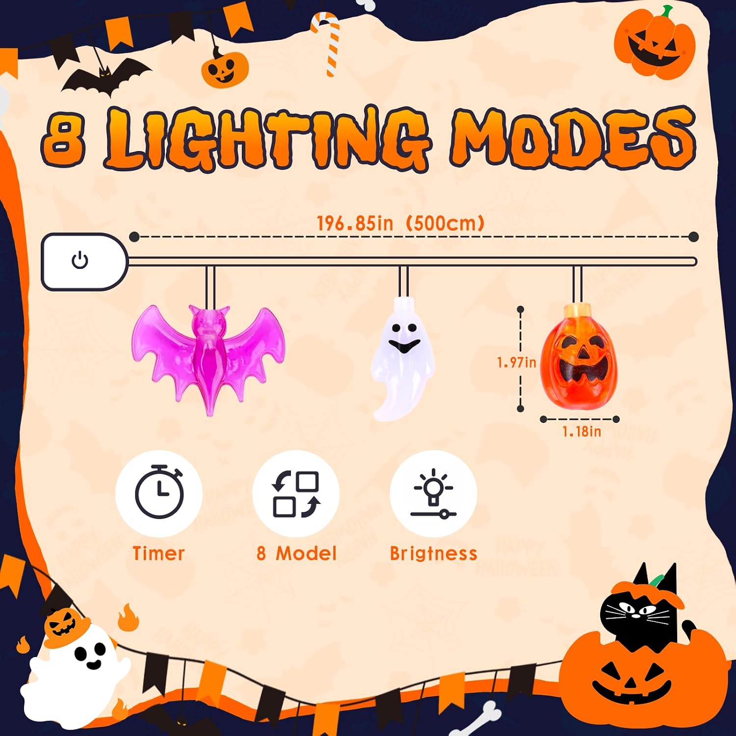 Halloween String Lights Indoor: 16.4 FT 30 LED Pumpkin Ghost Bats Lighted Decorations – 8 Modes Waterproof Timer for Window Porch House Room Bedroom Party Decor image 2