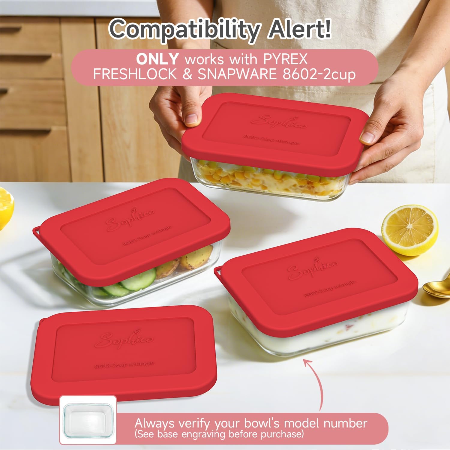 sophico silicone storage lids cover replacement for pyrex freshlock and snapware 2cup(8602), rectangle glass bowls containers set, airtight lids, 4 pack 2cup,rectangle