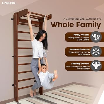 Walnut Swedish Ladder Stall Bars, Wall Mounted Premium Wooden Ladder | Wall Bars for Exercise with Adjustable Pull-Up Bar | Home Gym for Kids & Adults, Supports 320 lbs